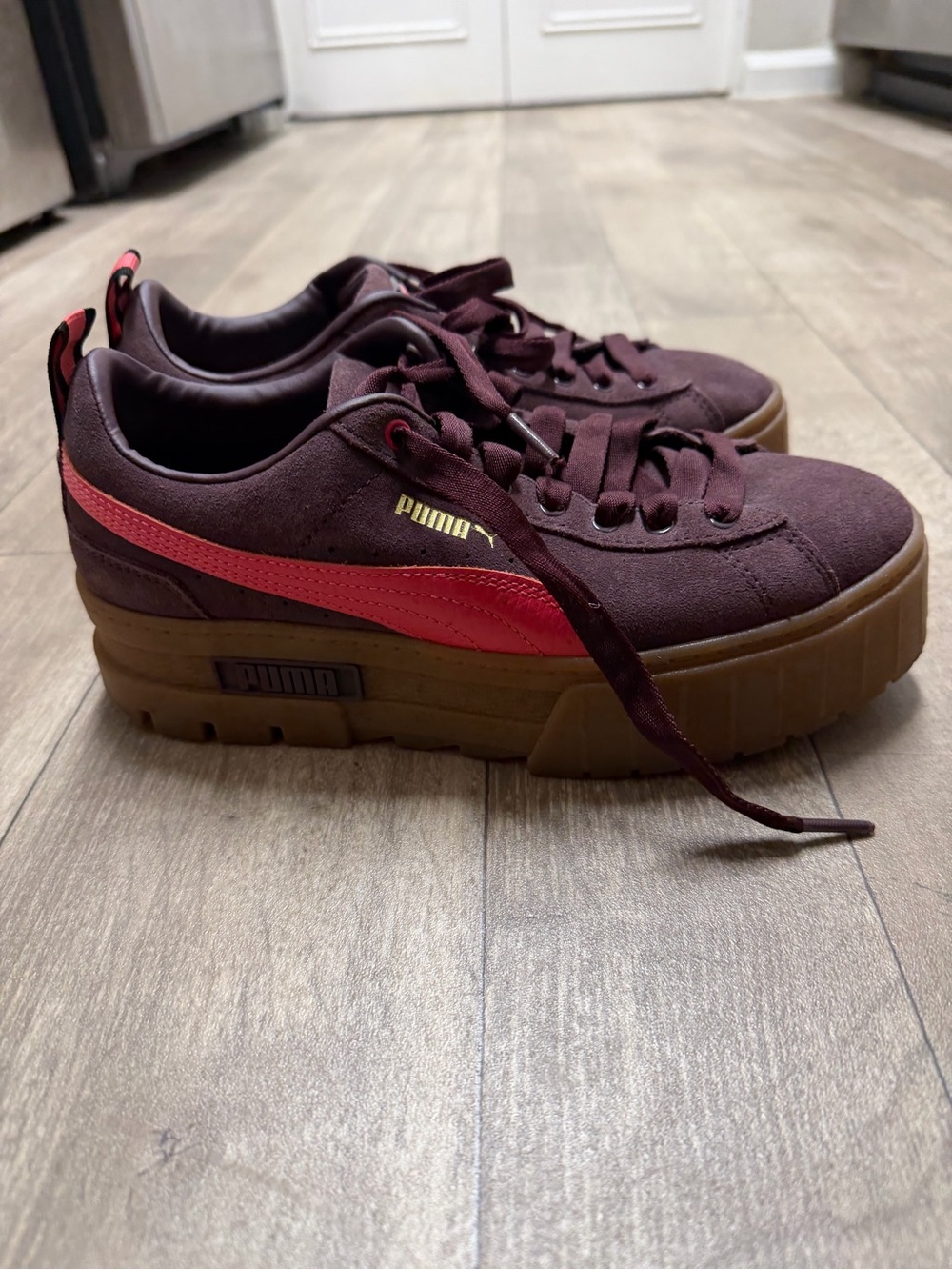 Puma Women’s  Burgundy Platform Suede Sneakers with Red Accent